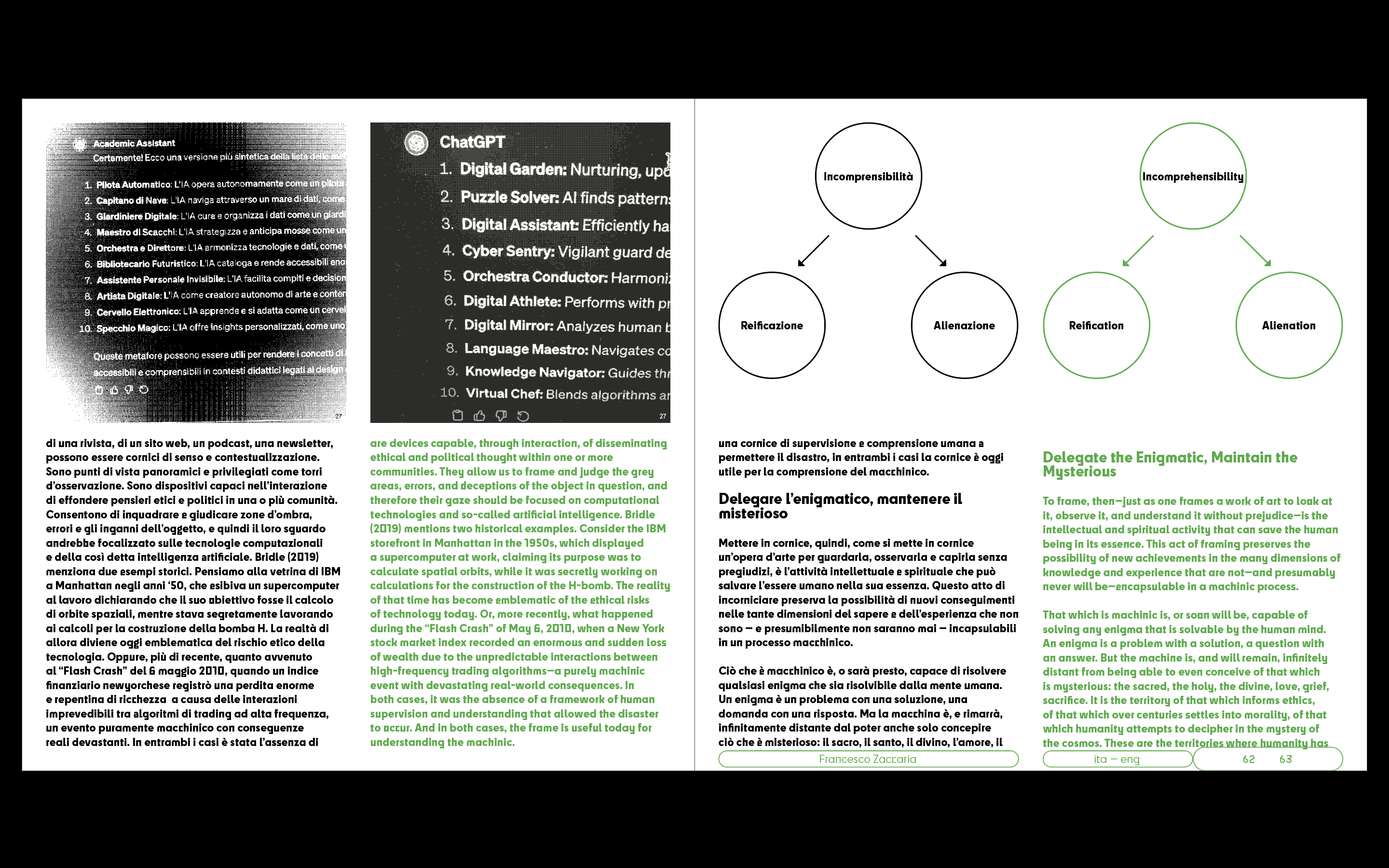Liste di metafore per l'IA generate da chatbot, e diagramma incomprensibilità-reificazione-alienazione.